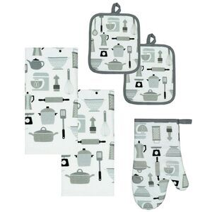 Tools of the Kitchen Towel Set Oven Mitt Potholders White Black Gray 5-Piece NWT